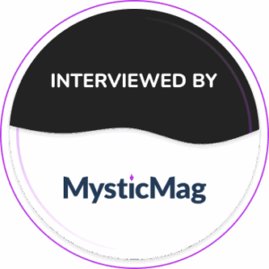 Black and white badge with the words interviewed by MysticMag