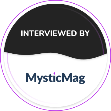 Black and white badge with the words interviewed by MysticMag