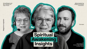 a middle-aged woman, older woman, and younger man discussing their spiritual awakening experiences