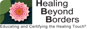 Healing Beyond Borders logo with pink flower on a green background