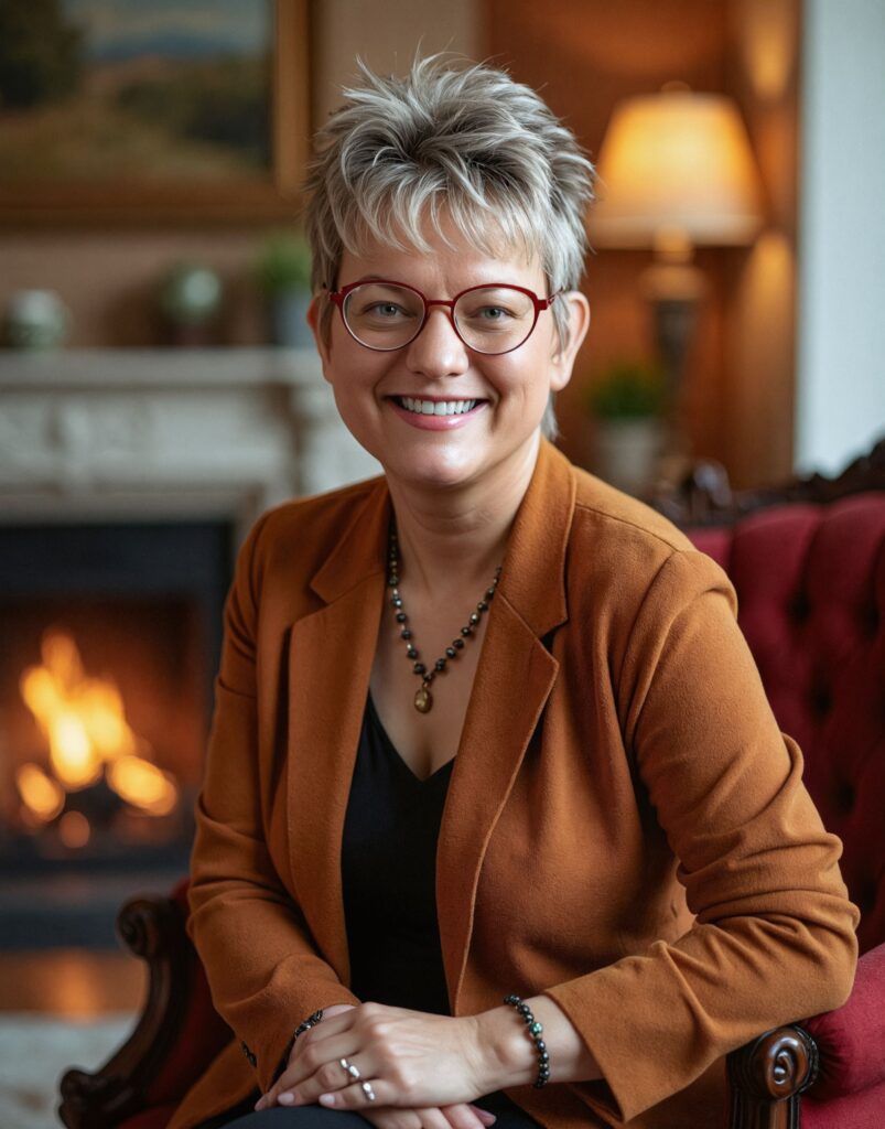 A middle-aged woman with glasses, grey hair, a camel jacket, seating in a living room with a fireplace in the background
