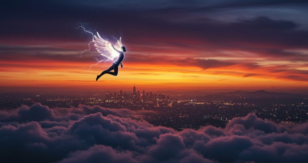 Flying above the clouds A person with electric wings is flying high above the clouds at sunset