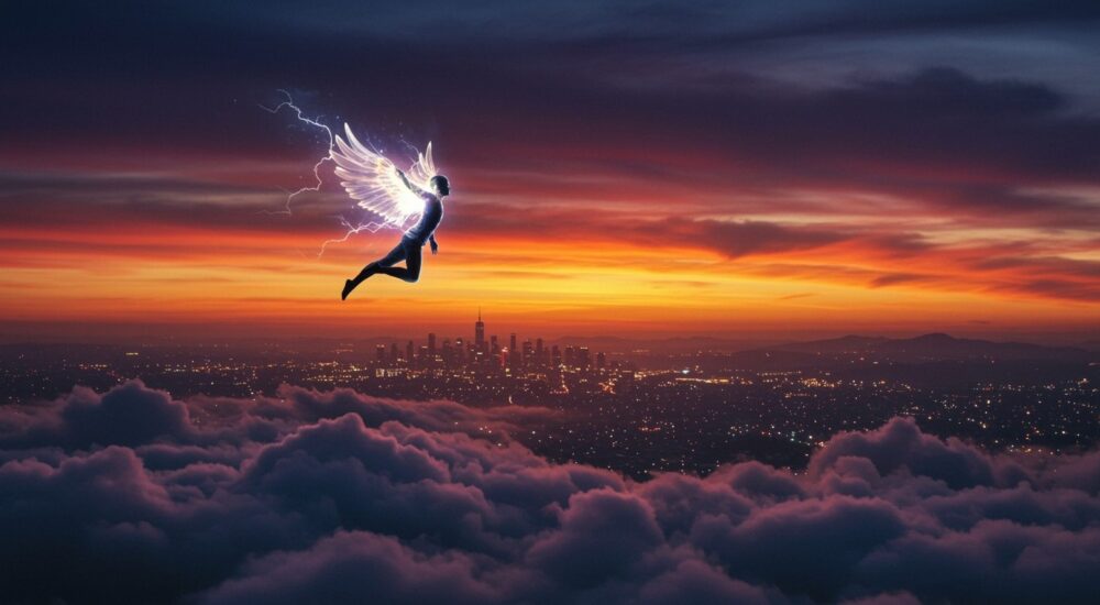 A person with electric wings is flying high above the clouds at sunset